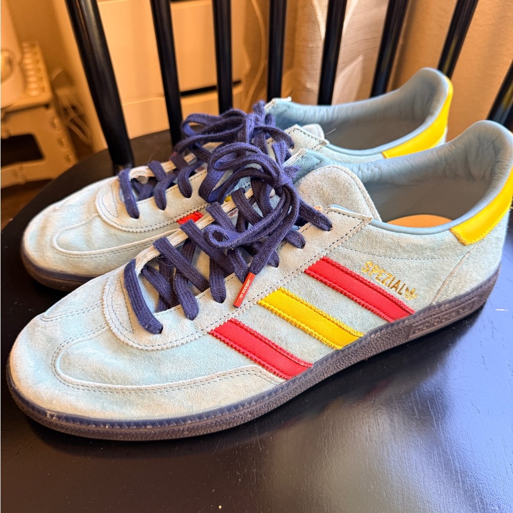 Adidas Light Blue Sneakers with Red and Yellow Accents